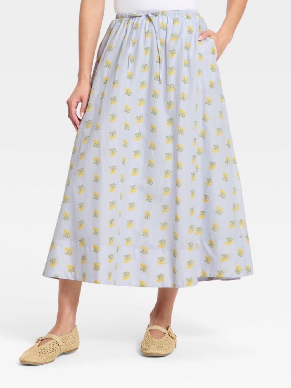 Universal Thread Midi A-Line Light Blue Floral Drawstring Skirt